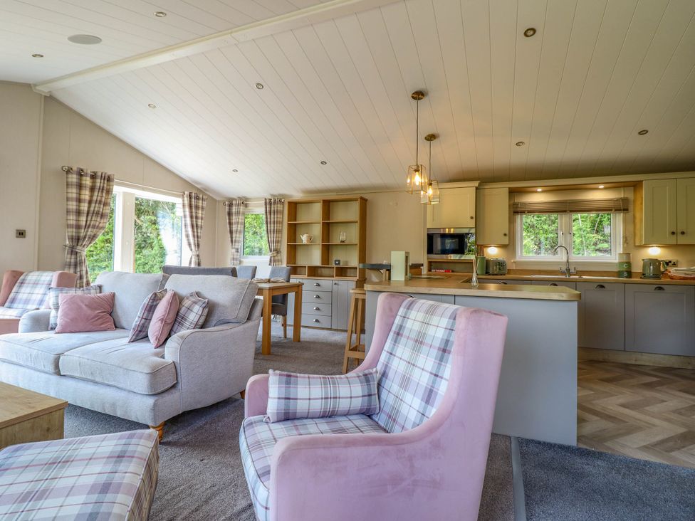 An open living room and kitchen with sofas dining table and chairs at The Owlet in Dolwen near Llanidloes