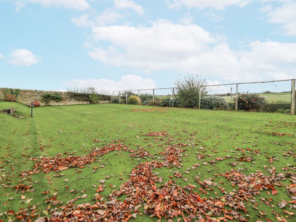 A garden with fallen leaves and a fence at Elford Farmhouse in Seahouses