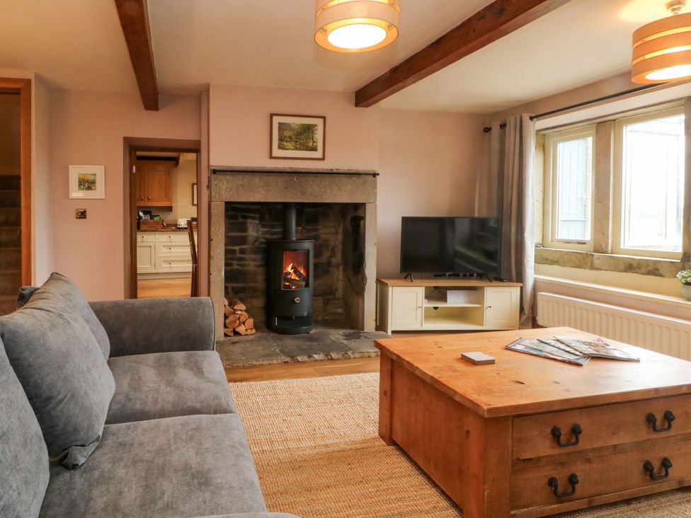 A living room with a stove and television at Stone & Fleece Cottage in Holmbridge