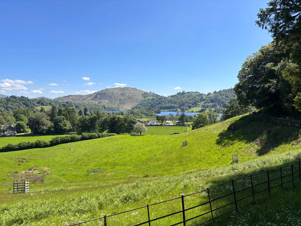 A landscape view with fields and hills at The Barn at Grasmere in Grasmere