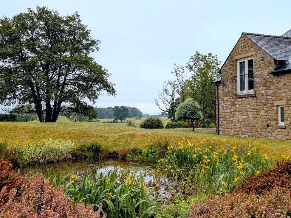 A garden with a pond and flowers at High View Meadows in Kirkby Lonsdale
