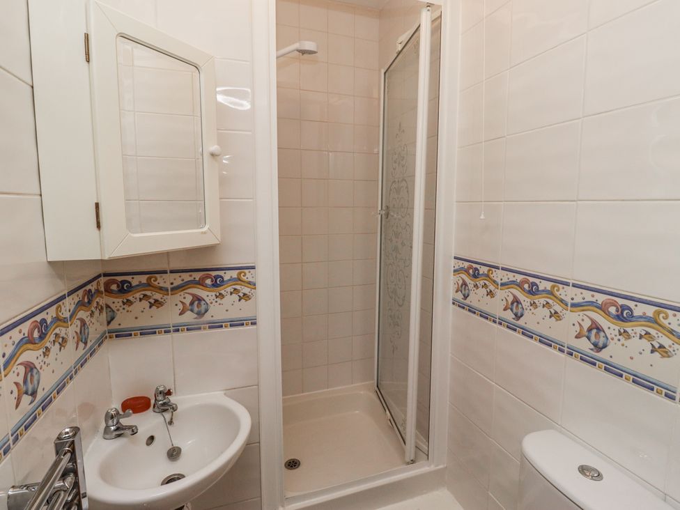 A bathroom with a shower, sink and toilet at 3 Christon Bank Mews Alnwick