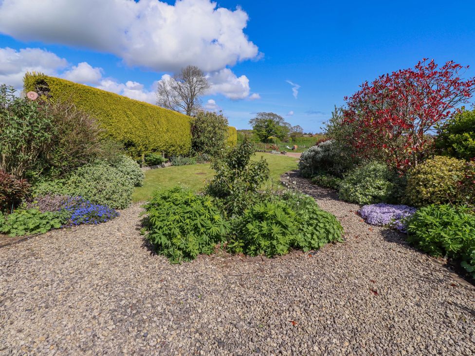 A garden with a gravel path and various plants at 3 Christon Bank Mews in Christon Bank