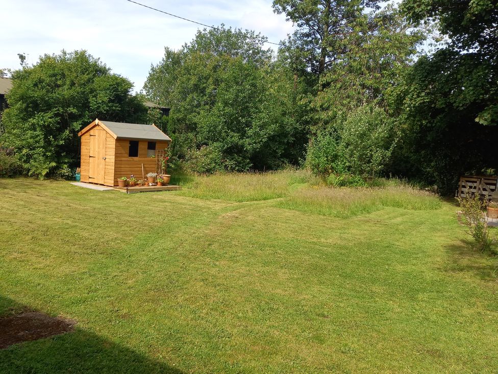 A garden with a wooden shed and greenery at Emma No.6 in Llandegfan