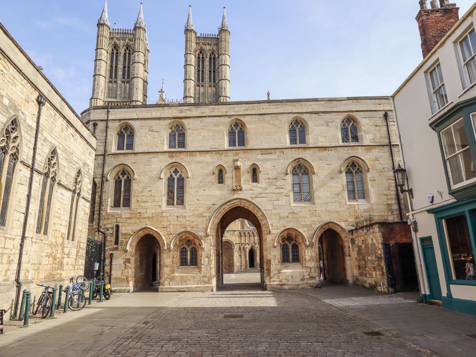 A view of historical buildings and archways in Lincoln
