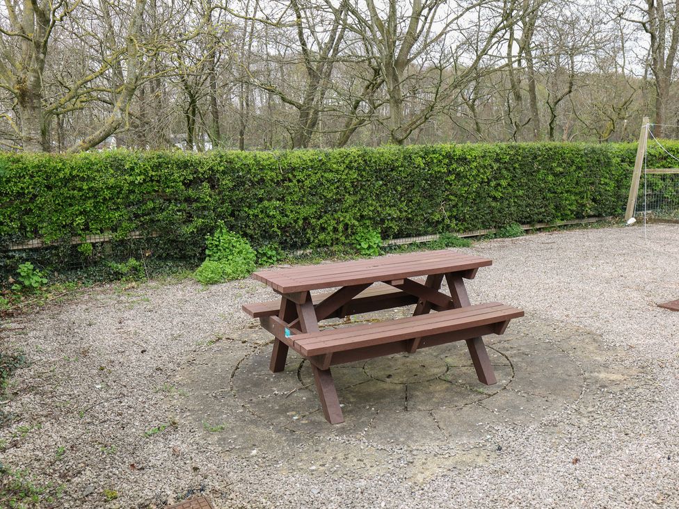 A picnic table in a gravel area surrounded by green hedge and trees at Bungalow 14 Eamont Park Penrith