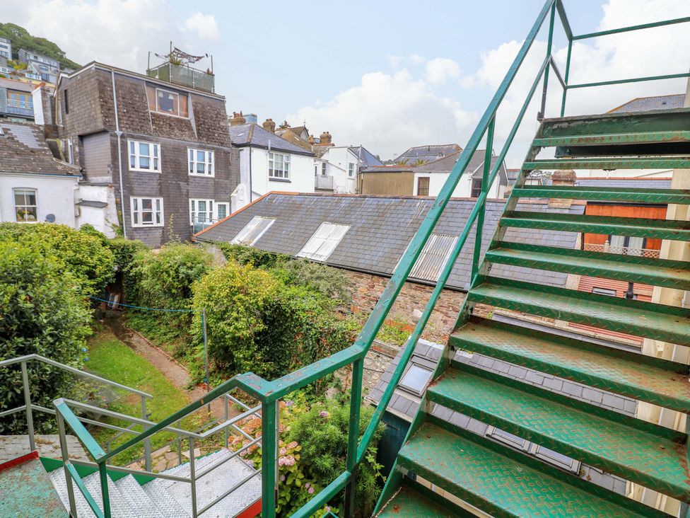 An outdoor view with stairs leading to a garden at Castleview Apartment, 21 South Embankment, Dartmouth