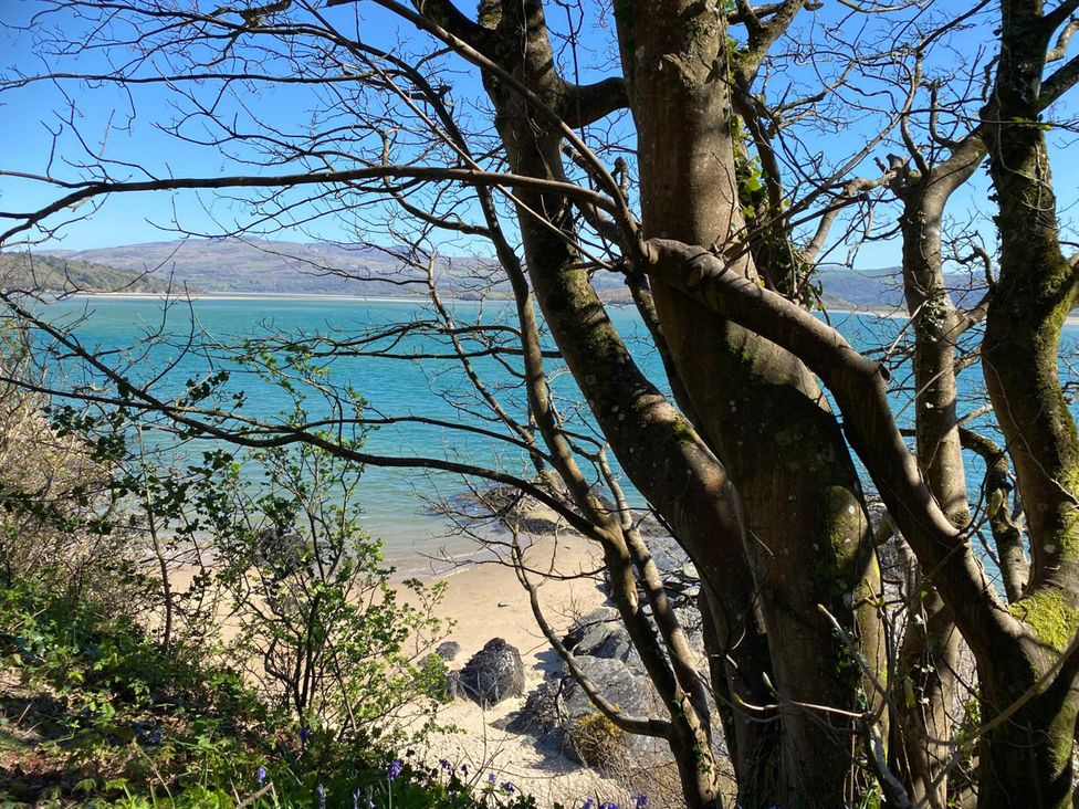 A view of water and beach framed by trees at The Cottage On The Green Borth-Y-Gest