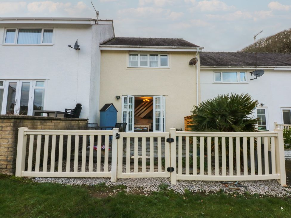A house with a fenced yard and palm tree at The Cottage On The Green in Borth-Y-Gest