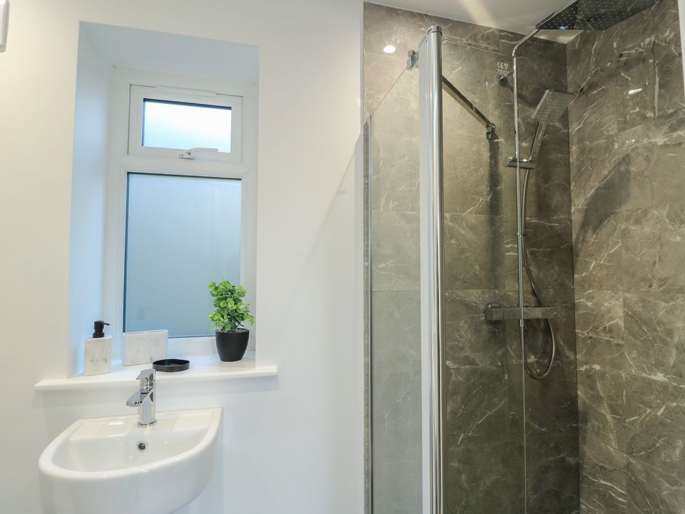 A bathroom with a shower, sink, and a plant at Hen Siop in Niwbwrch (Newborough)