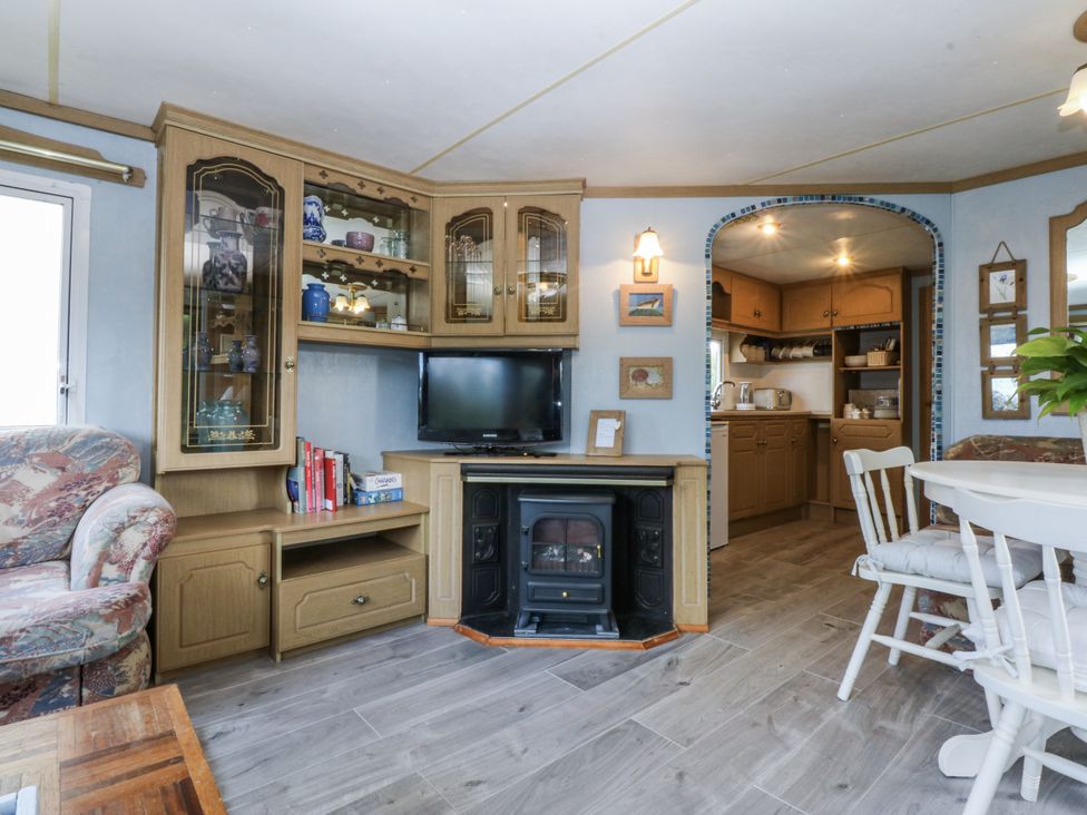 A living room with a television and fireplace at Meadow Island Caravan 
