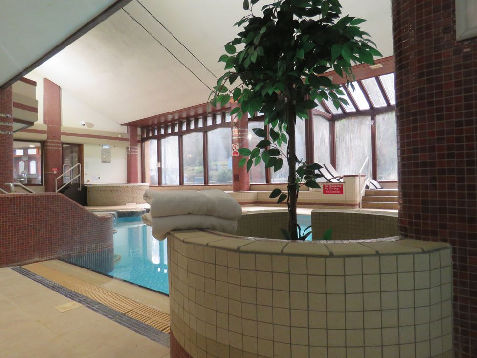 An indoor pool area with a plant and towels at Old Post Office Cottage Backbarrow near Newby Bridge
