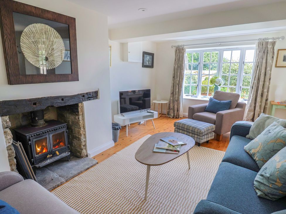 A living room with a fireplace and a tv at Tithe Barn Cottage Litton Cheney near Burton Bradstock