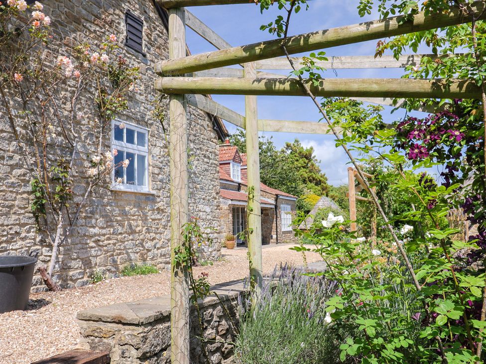 An outdoor area with a stone wall and flowering plants at Tithe Barn Cottage in Litton Cheney near Burton Bradstock