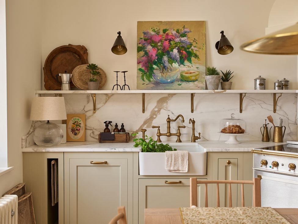 A kitchen with a sink and shelves at Castle Corner, The Georgian House, Ludlow