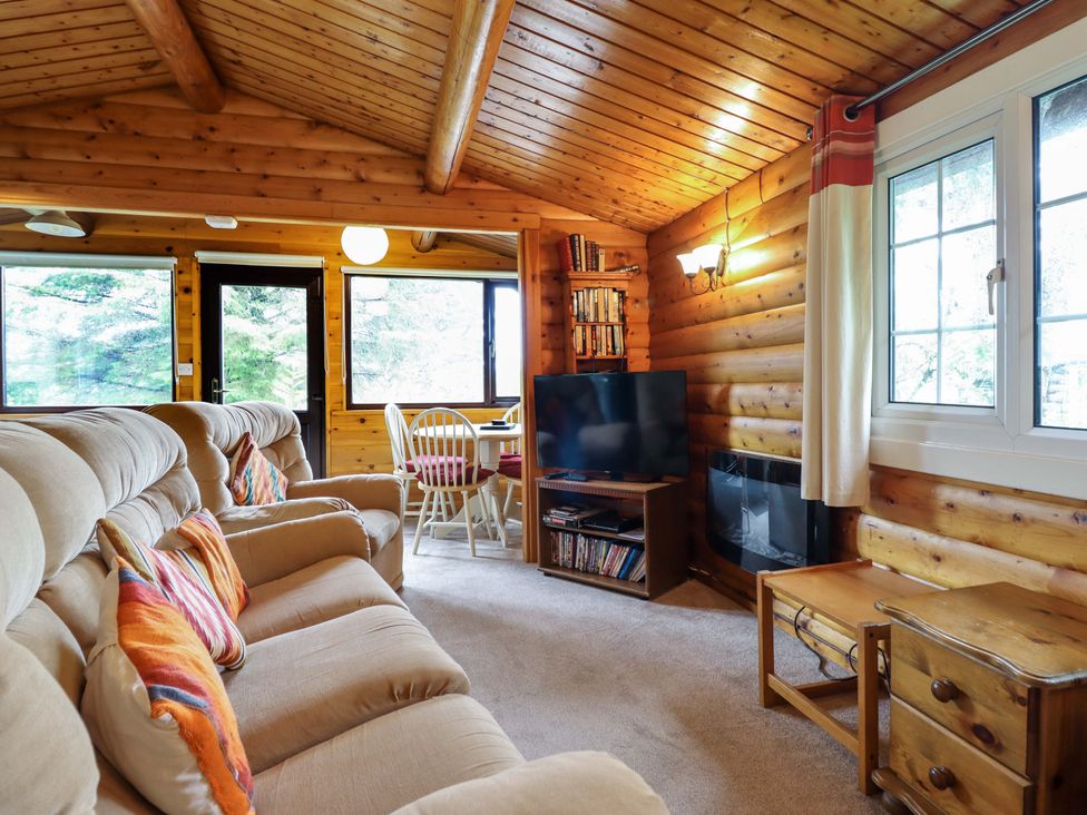 A living room with a sofa and television at Y Bwthyn Pren, Cabin 209, Trawsfynydd
