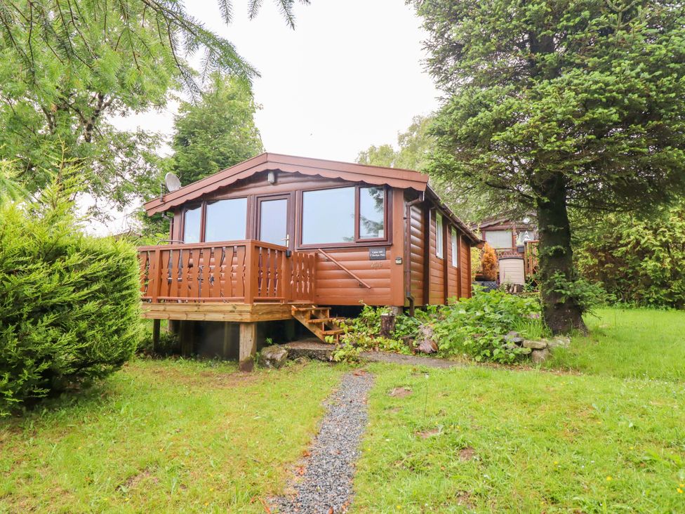 A cabin with a deck and pathway surrounded by grass and trees at Y Bwthyn Pren, Cabin 209, Trawsfynydd