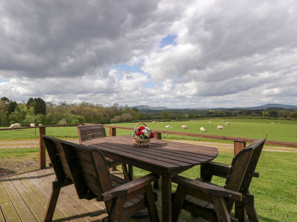 A wooden outdoor table with chairs on a deck overlooking a green field with grazing sheep at Twilight in Raglan