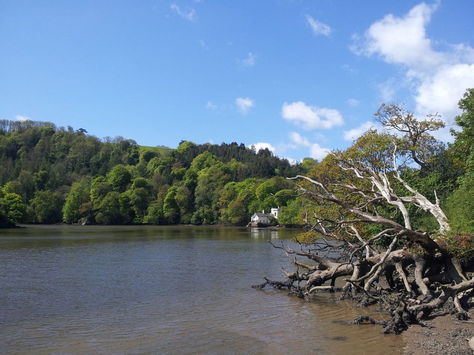 A river with trees and a house in the background at The Boat House in Ashprington