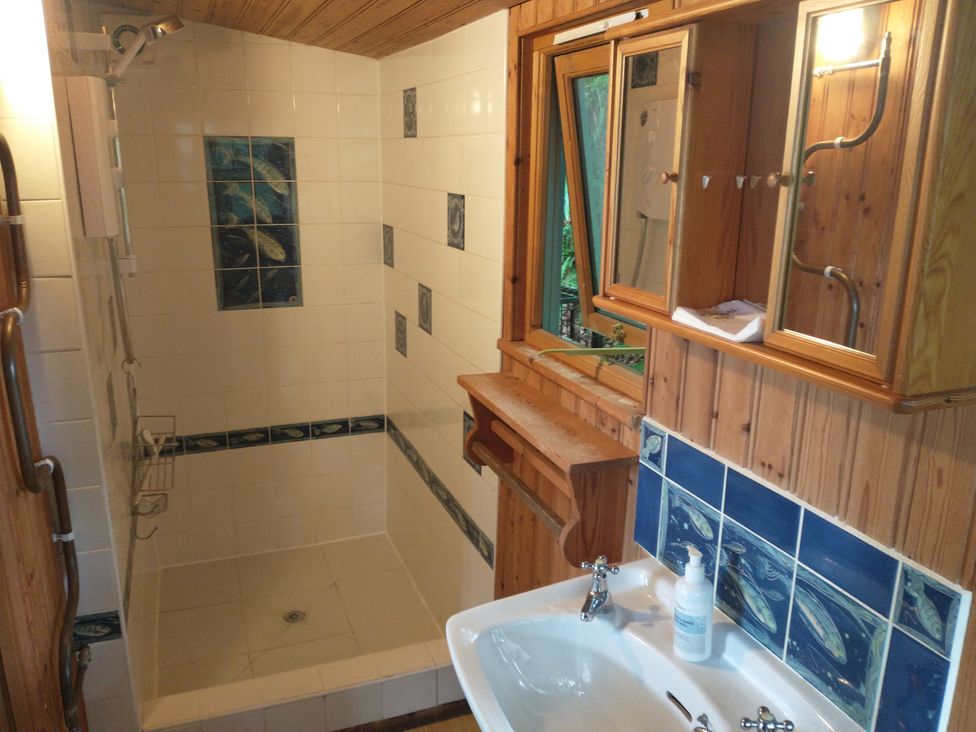 A bathroom with a shower and wash basin at The Sharpham Boat House in Ashprington
