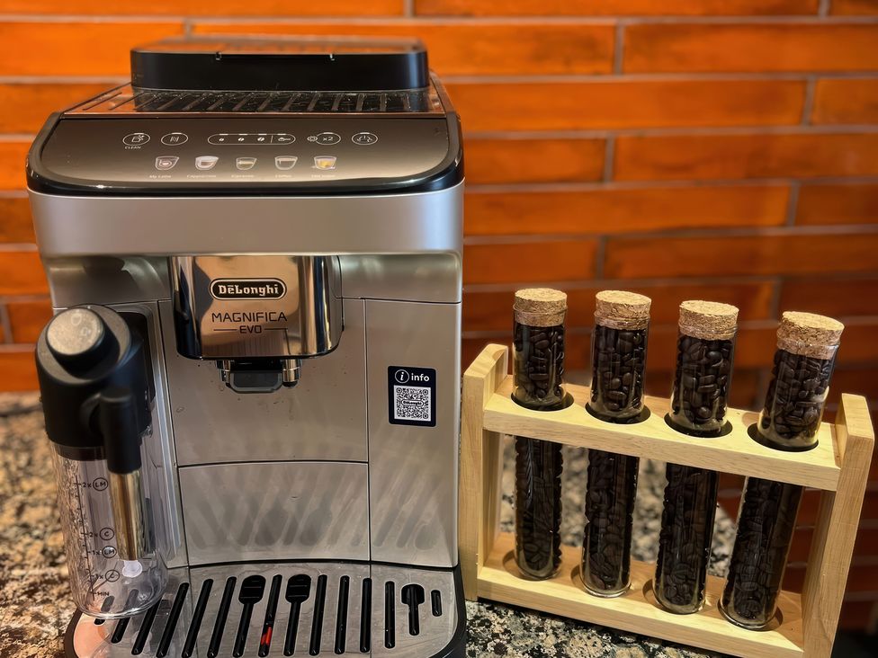A coffee machine with glass tubes of coffee beans at Craster House in Seahouses