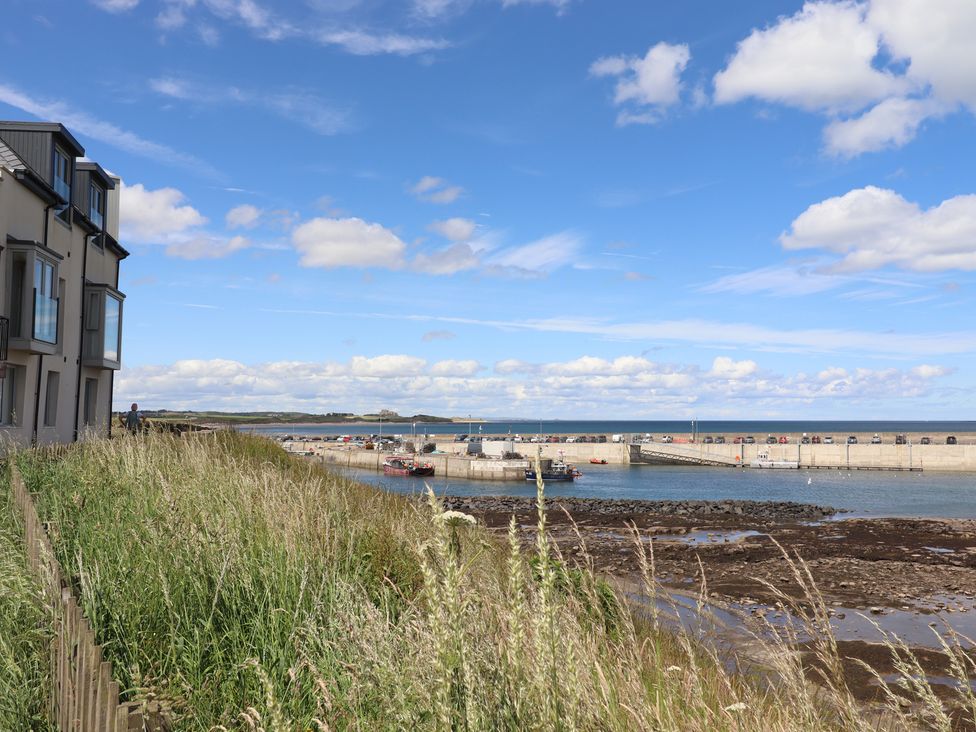 A coastal scene with a harbor and boats at Craster House in Seahouses