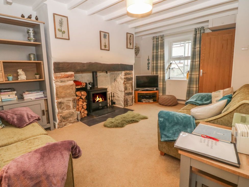 A living room with a fireplace and television at Rhianfa Llanfairpwllgwyngyll