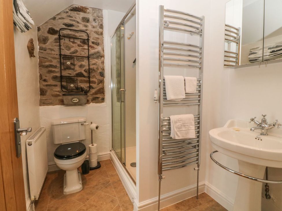 A bathroom with a shower and toilet at Rhianfa in Llanfairpwllgwyngyll