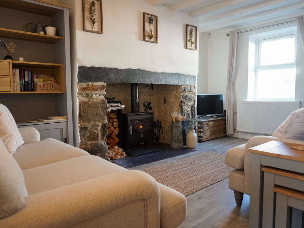 A living room with a wood stove and bookshelf at Rhianfa in Newborough