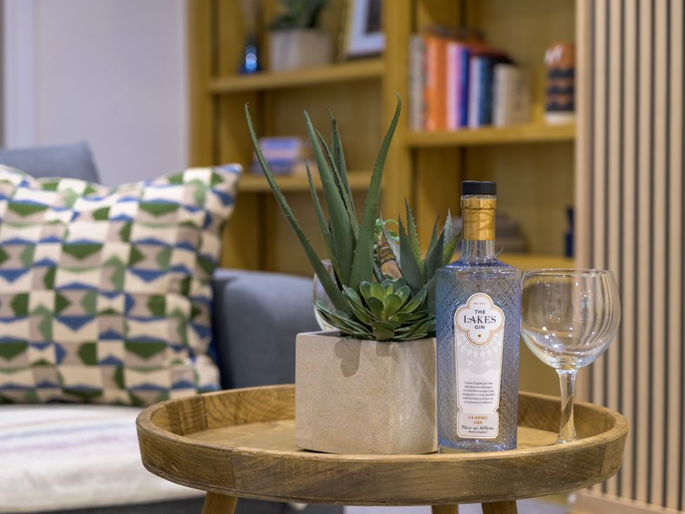 A living room with a plant and gin bottle on a wooden tray at Moss Crag in Glenridding