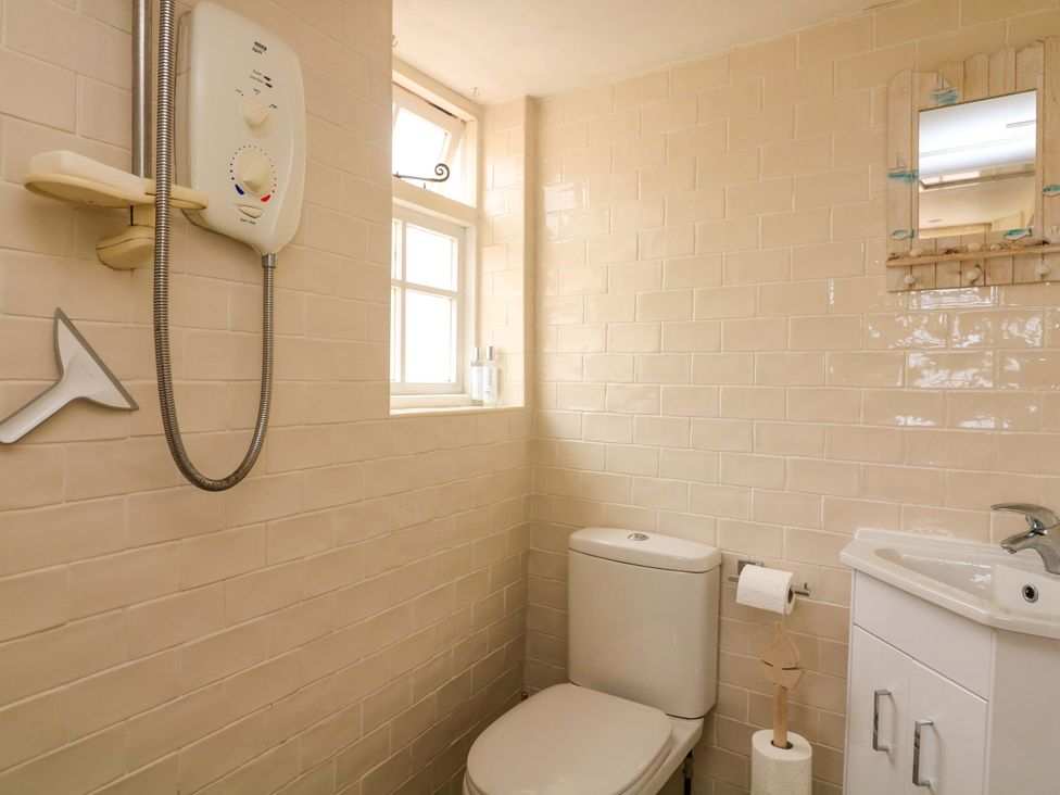 A bathroom with a shower, toilet, and sink at 1 The Square, Hope Cove