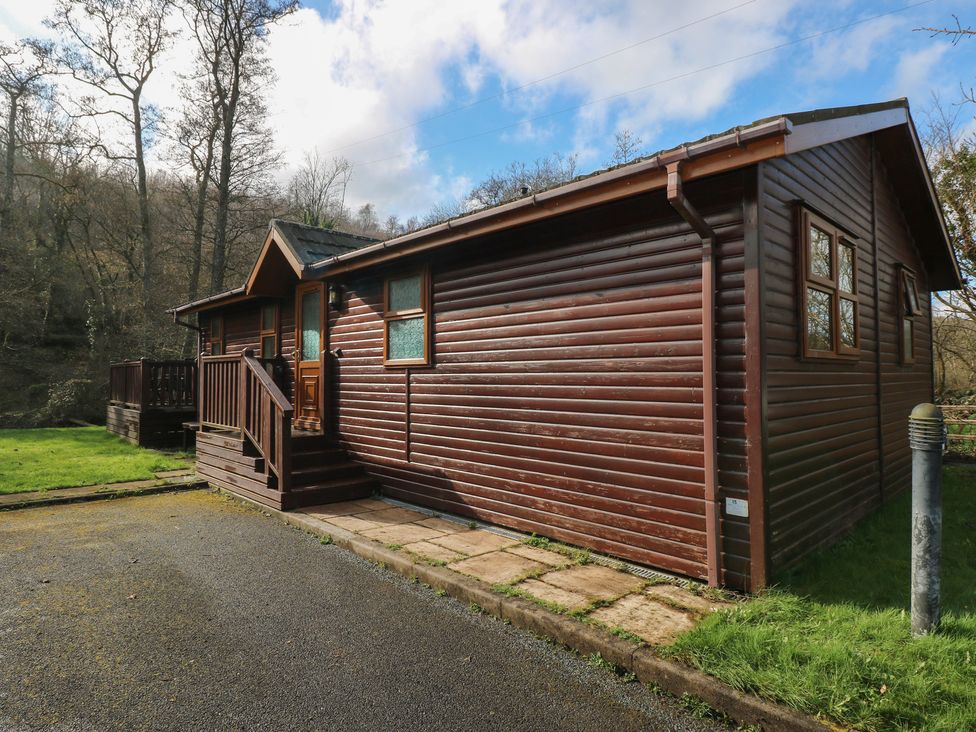 A log cabin with steps and patio in outdoor area at Riverside Lodge 3