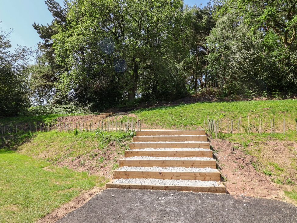 A set of steps leading up a grassy hill at The Pines 2 Bedrooms Delamere