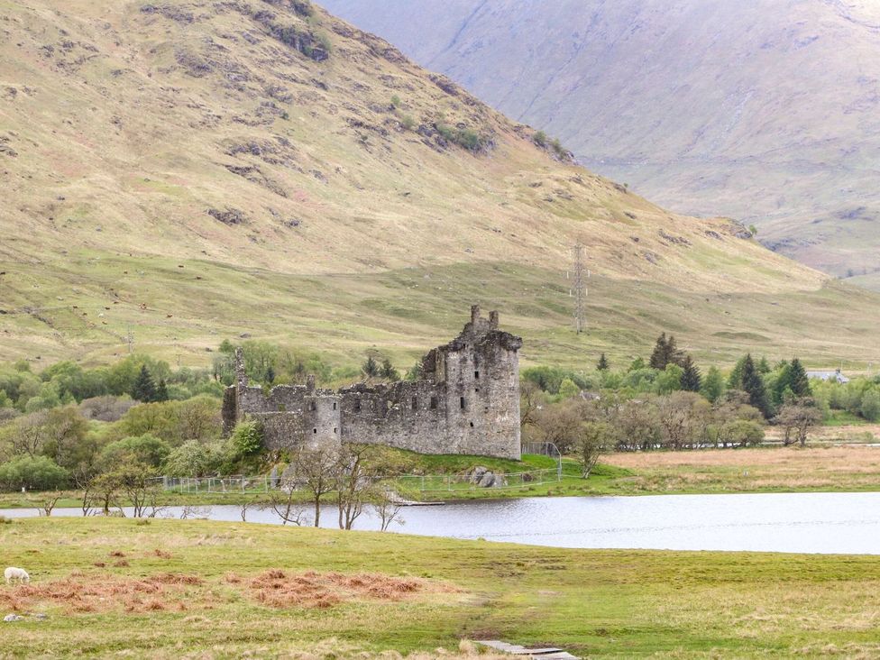 A ruin castle in a grassy landscape with a body of water and hills at Lena's Corner in Dunoon