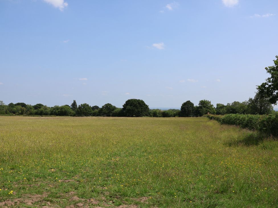 A field with grass and flowers under a blue sky with trees at Honeypot Hideaways - Acacia