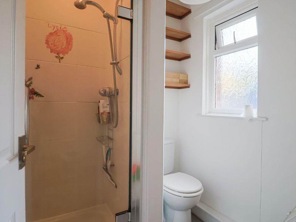 A bathroom with a shower and toilet at 20 Lym Close