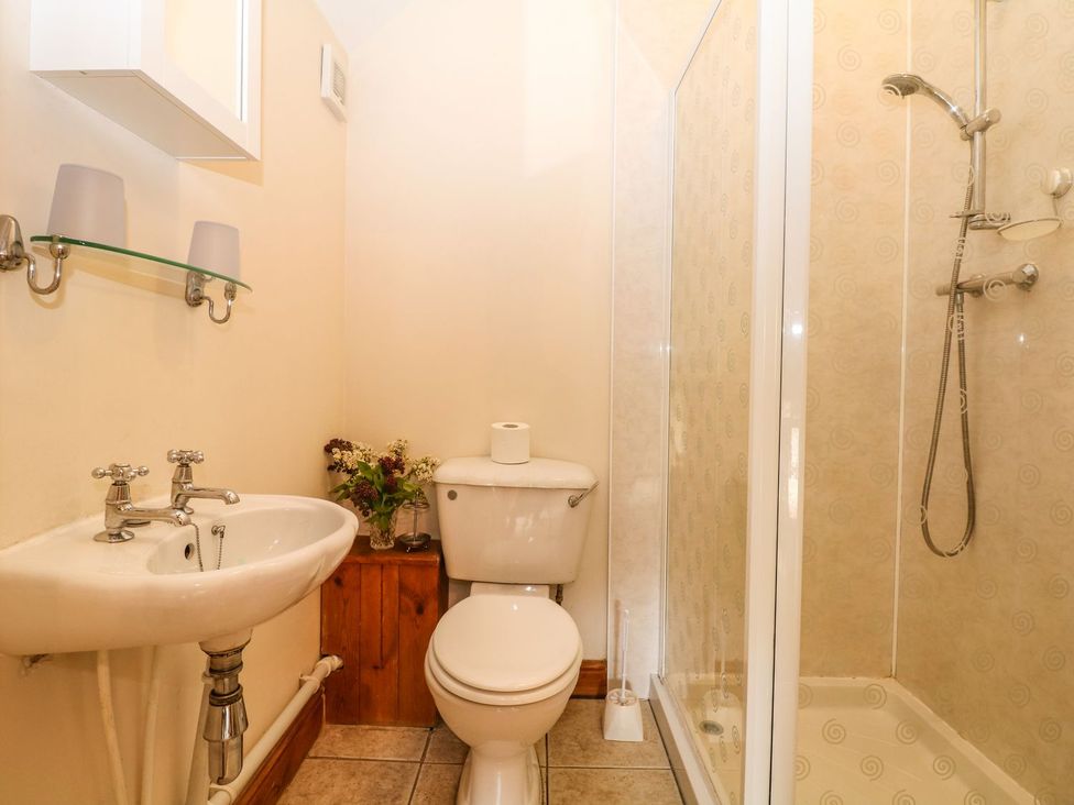 A bathroom with sink, toilet, and shower at Orchard View in Ashbourne
