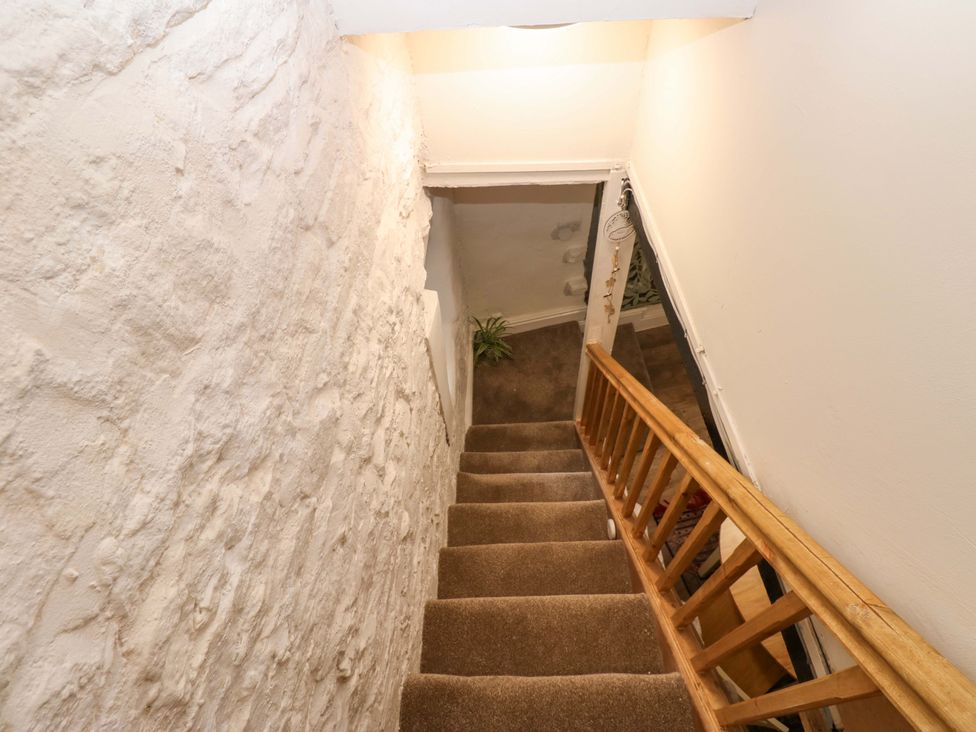 A staircase with carpet and a handrail at Eastend Cottage
