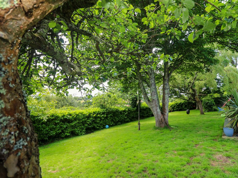 A garden with trees, a swing, and a grassy area at The Cow Shed in 