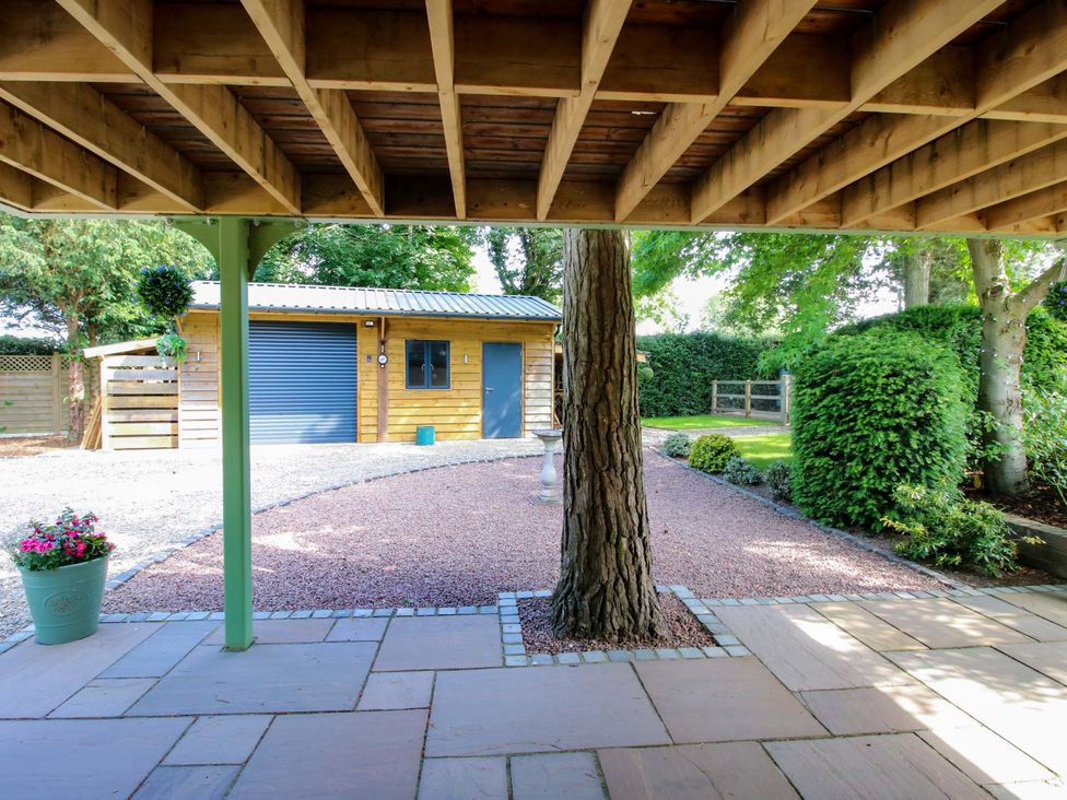 A garden view with a tree and outbuilding at The Hideaway in Longden