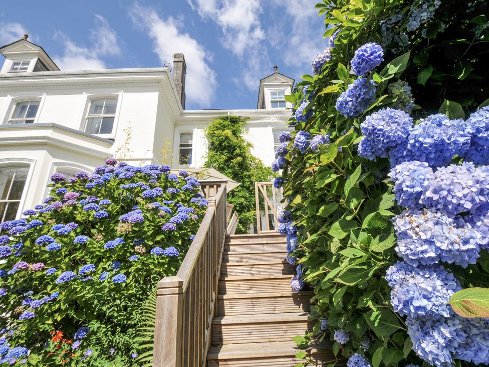 A house with wooden steps and hydrangeas in the garden at Trenare in Truro