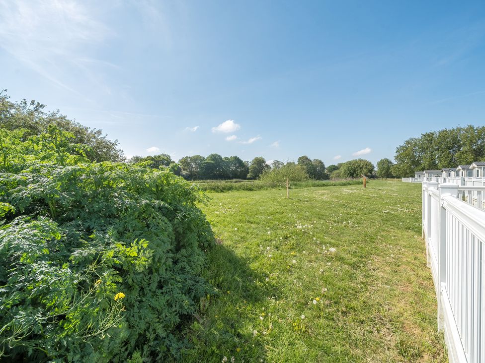 A grassy field with bushes on the left and white fencing on the right at Seaside Serenity - Hayling Island in Hayling Island Holiday Park