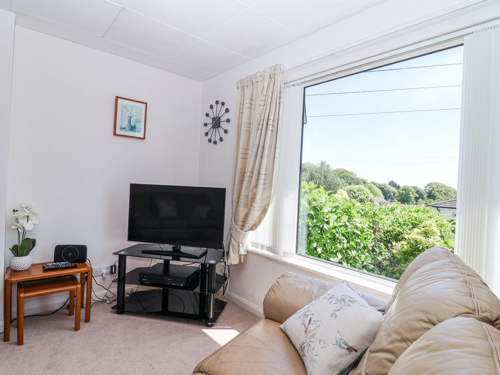 A sitting room with a TV on a stand a small table with a flower pot and remote controls a wall clock a leather sofa with a cushion and a large window showing greenery at Ambermist in Churchstow