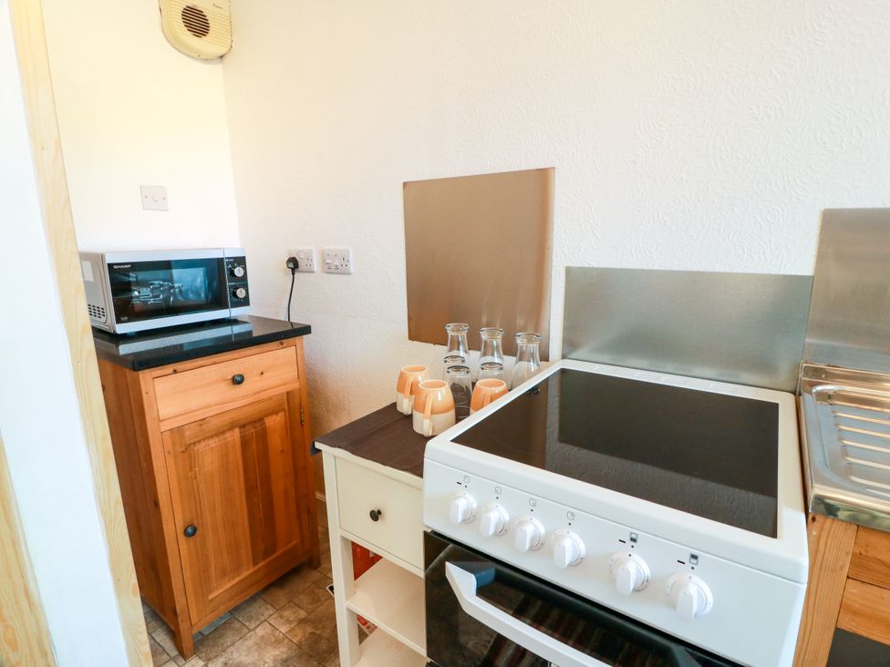 A kitchen with a stove and microwave at The Old Coach House Lochmaben