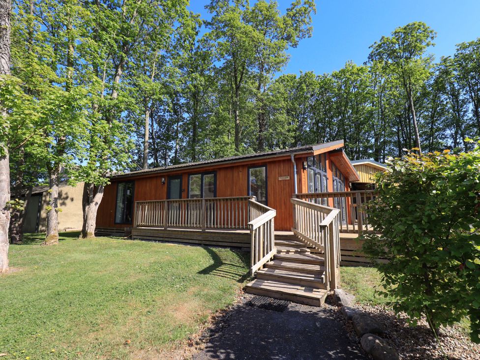 A wooden cabin with a ramp and steps surrounded by trees and grass at Kingfisher Lodge in Gargrave
