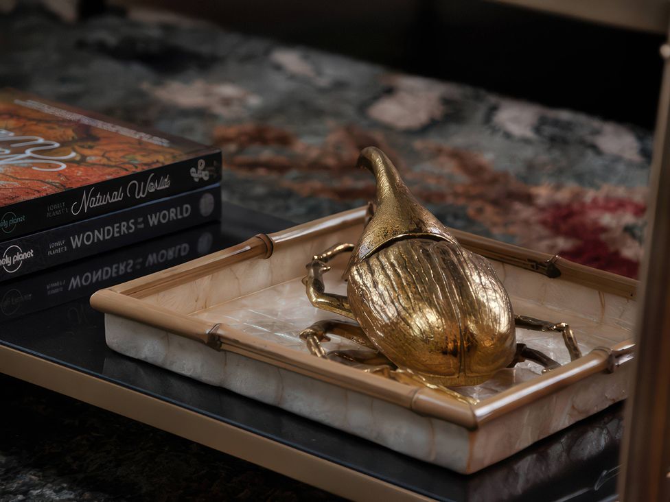 A golden beetle sculpture on a tray with books in a living room at The Gatehouse in Peterborough