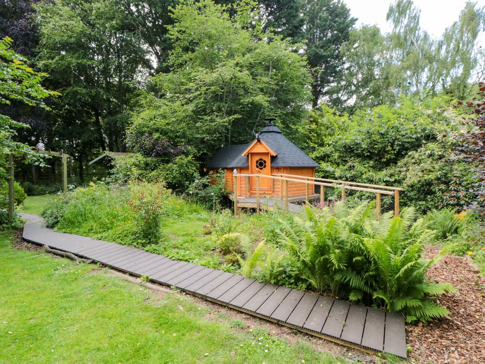 A wooden hut surrounded by garden and ferns at Lawnswood