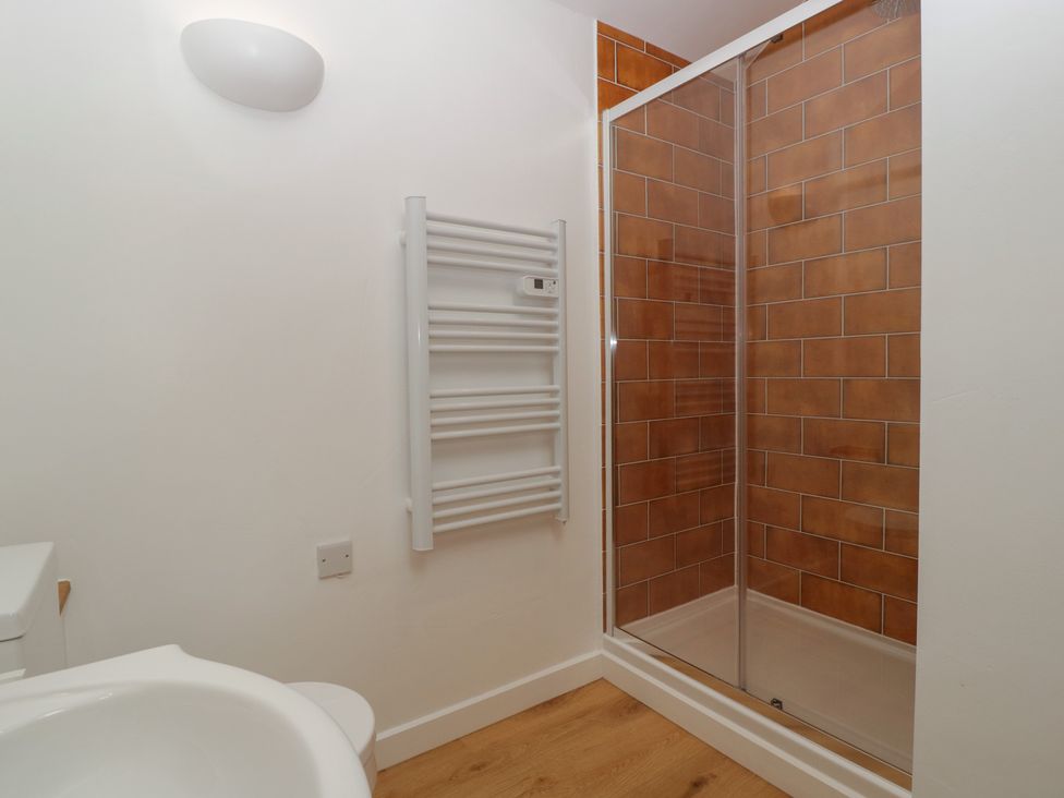 A bathroom with a shower and towel radiator at Ynys Pandy near Ewyas Harold