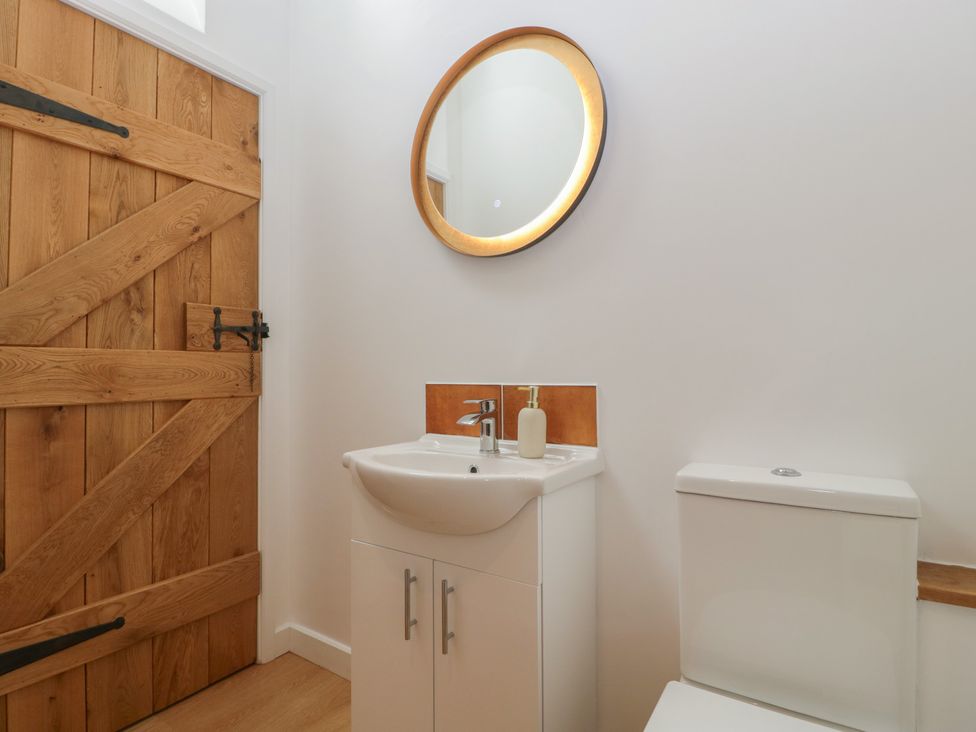 A bathroom with a sink, toilet, and wooden door at Ynys in Pandy near Ewyas Harold