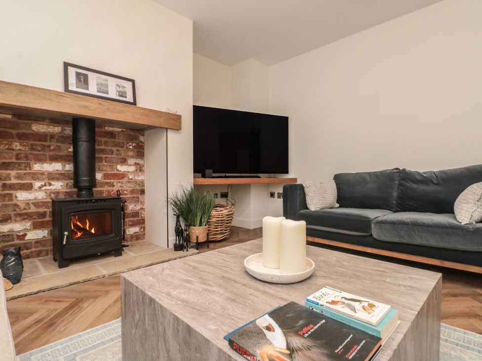 A living room with a fireplace and television at Puffin Lodge in Hunmanby